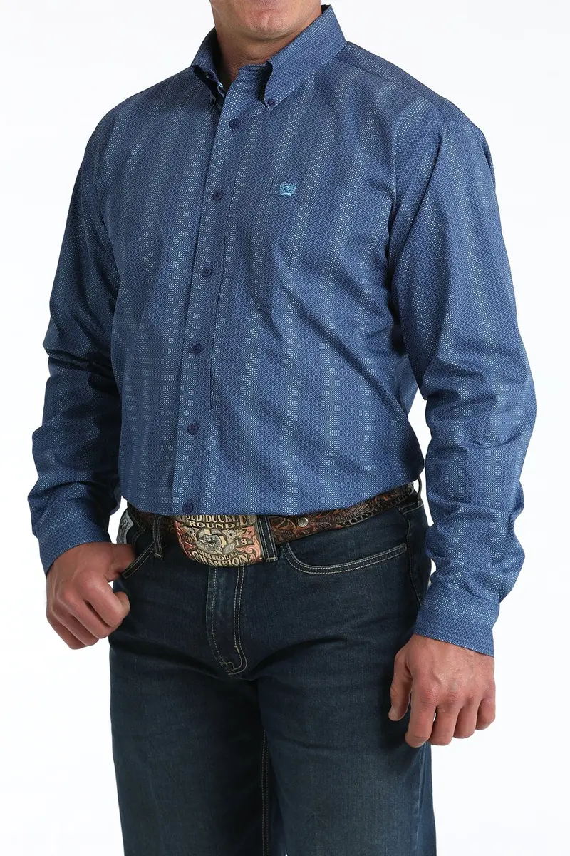 Mens Royal Blue Print Cinch Long Sleeve Shirt 1