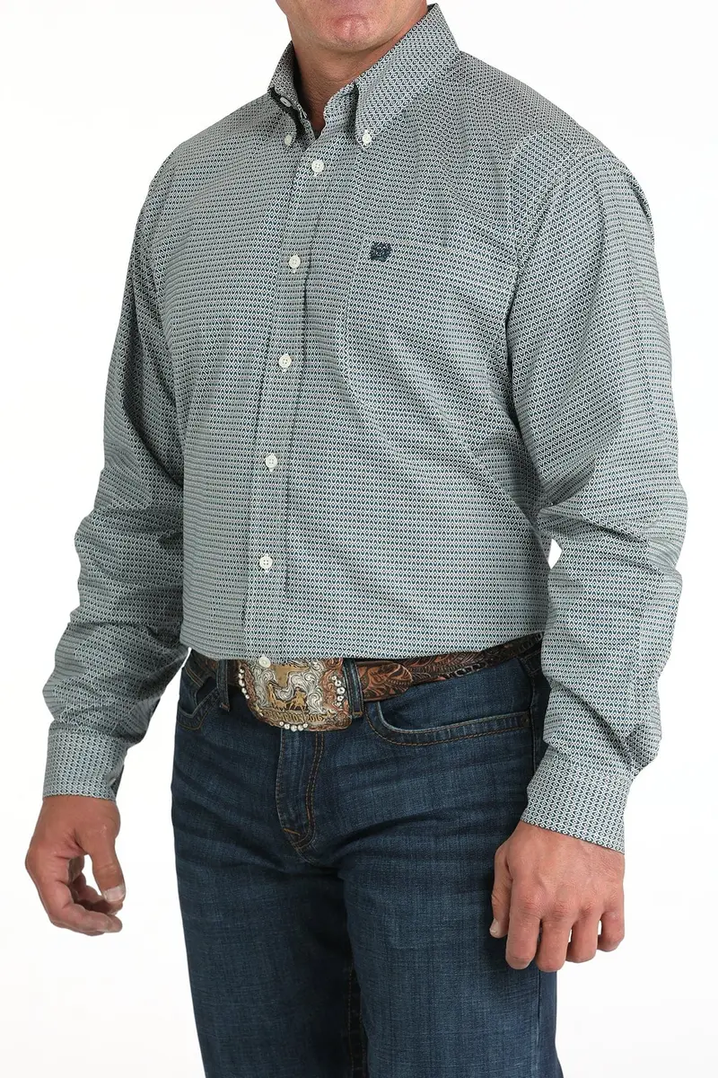 Mens Teal Print  Long Sleeve Shirt 1