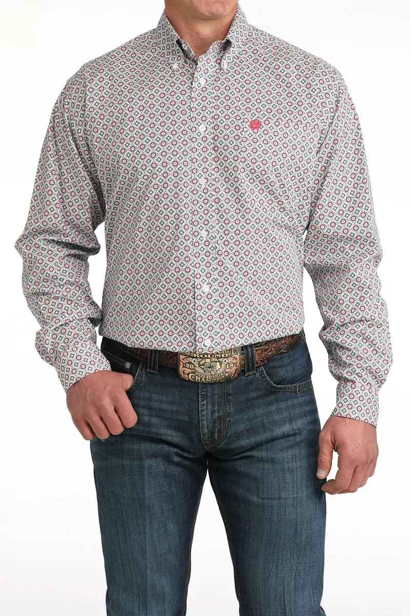 Mens White Print Cinch Long Sleeve Shirt 1