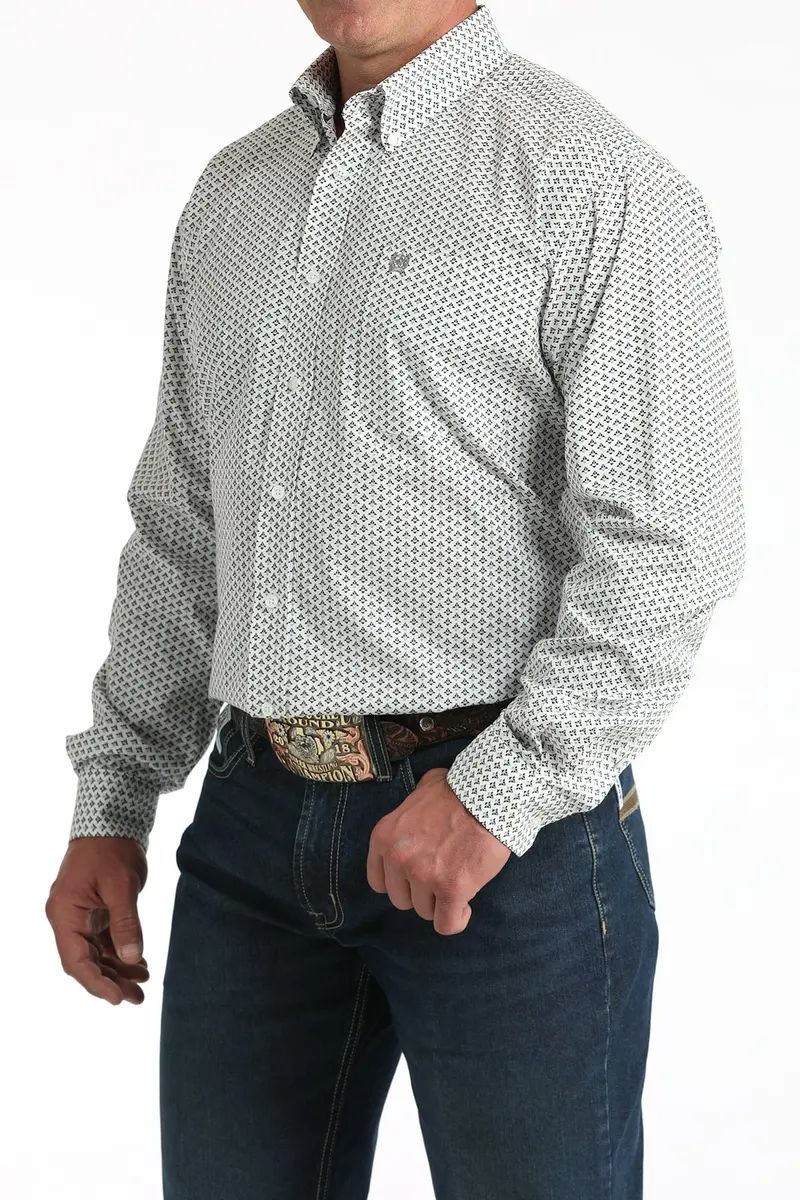 Mens White Print Cinch Long Sleeve Shirt 1