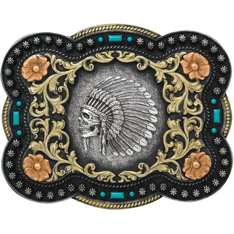 M&F Western Antiqued Silver Chief Skull With Floral Scroll Belt Buckle 1