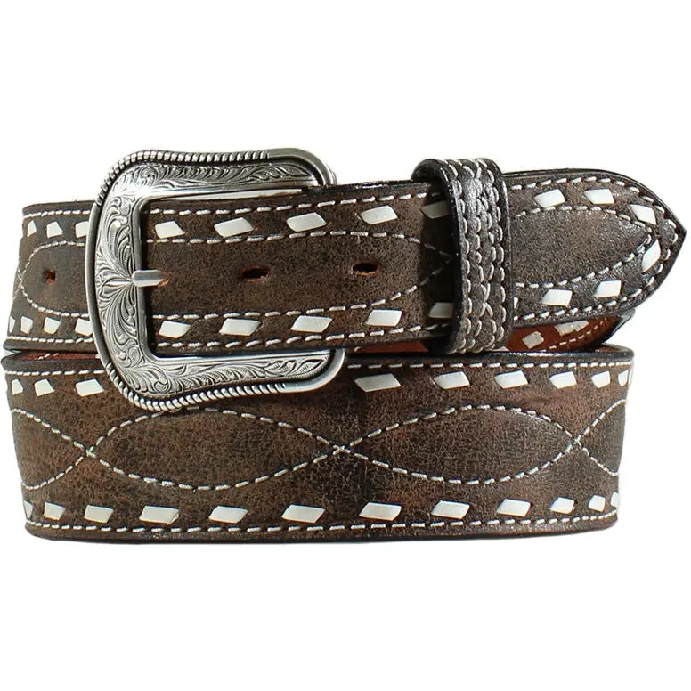 M&F Western White Buckstitched Leather Belt 1