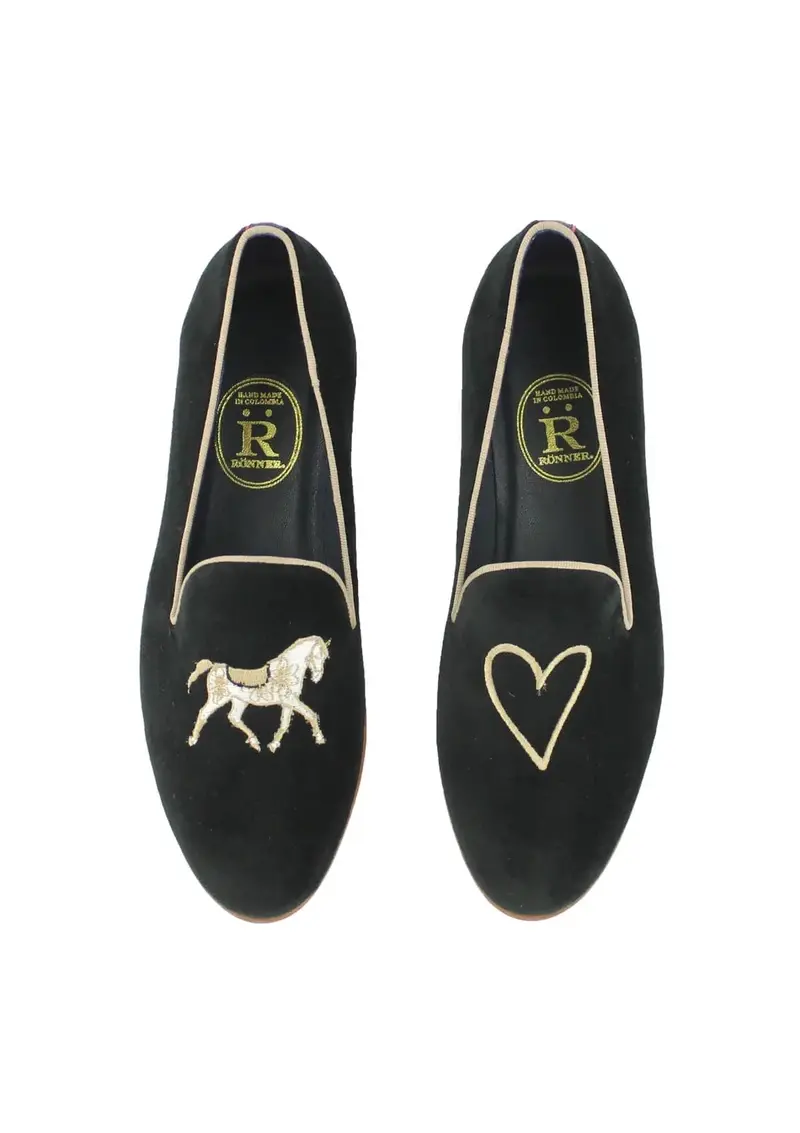 Mimosa Velvet Loafers | Horse Love | Black & Camel 1