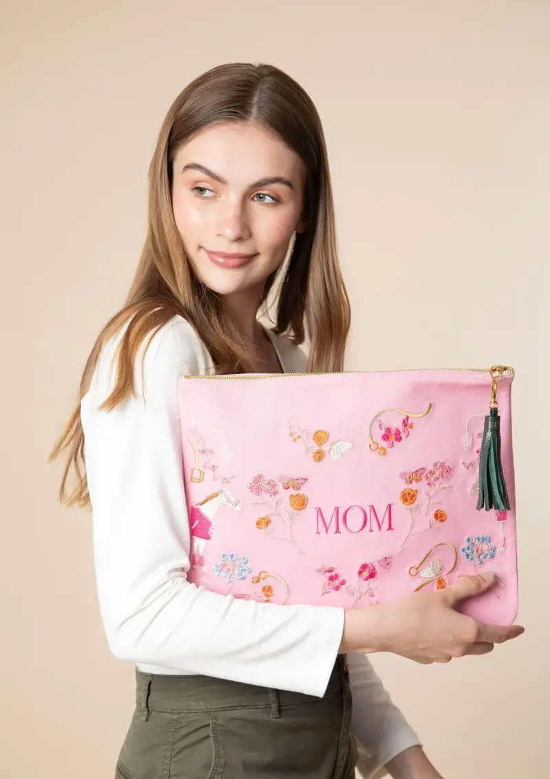 Mom Embroidered Pouch | Pink 1