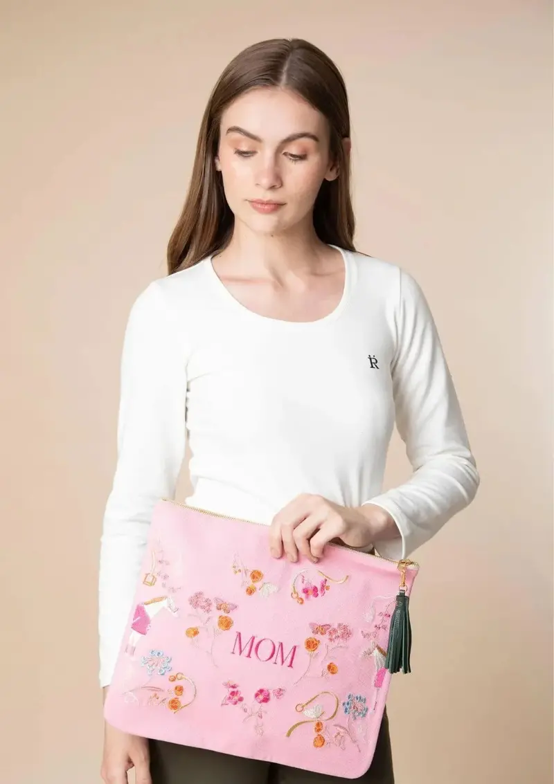Mom Embroidered Pouch | Pink 2