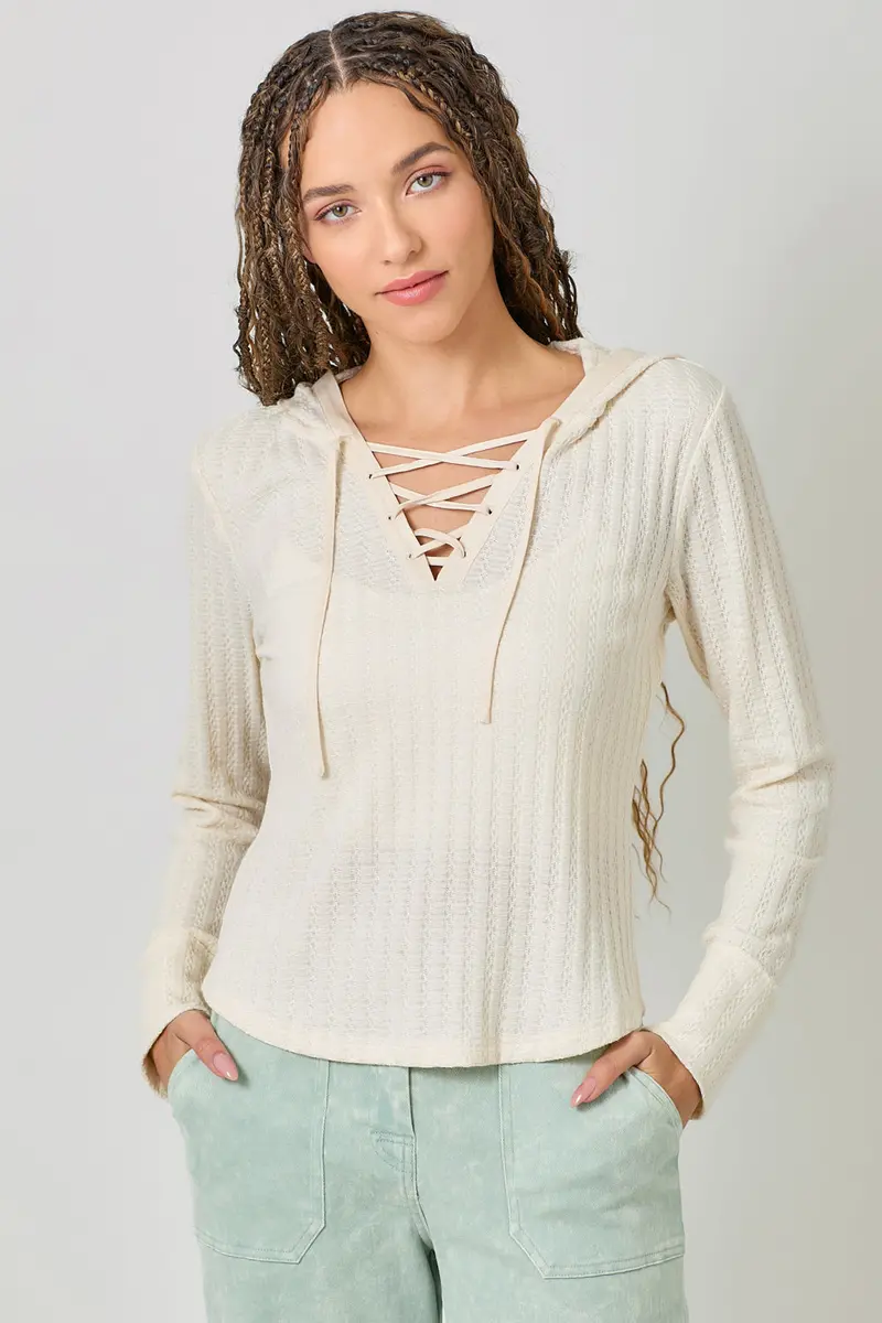Mystree Women's Ivory Lace Up Knit Hoodie Top 1