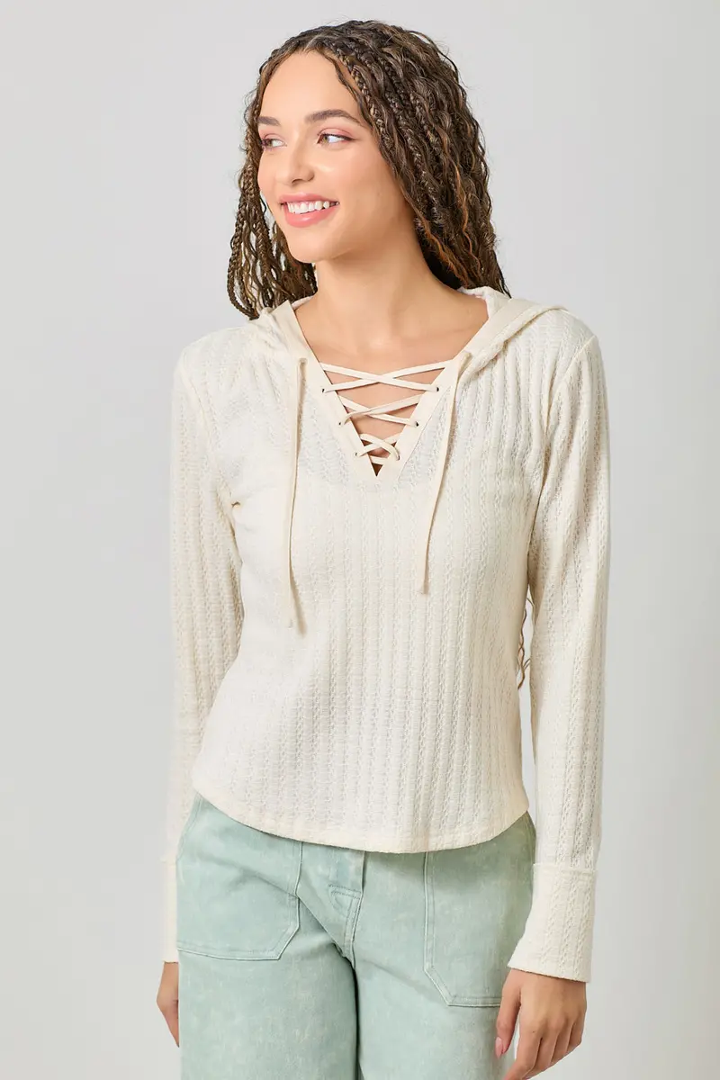 Mystree Women's Ivory Lace Up Knit Hoodie Top 2