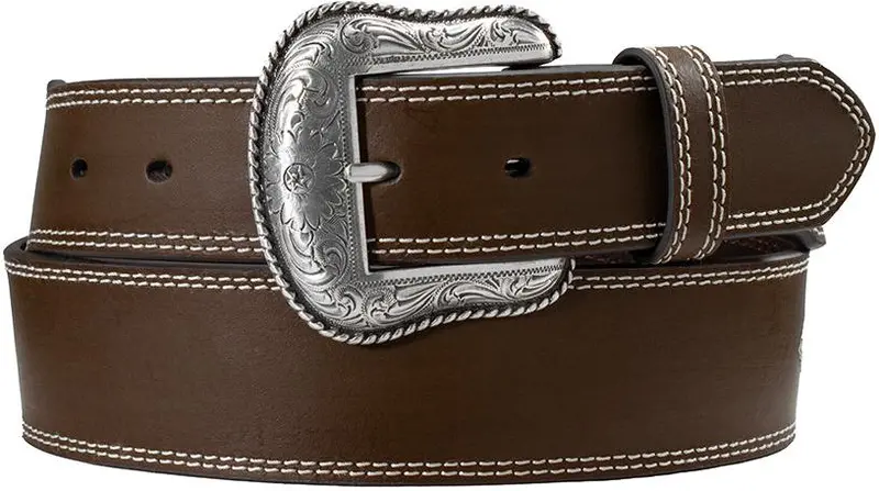 Nocona Brown Double Stitched Leather Belt With Southwest Ribbon Inlay 1