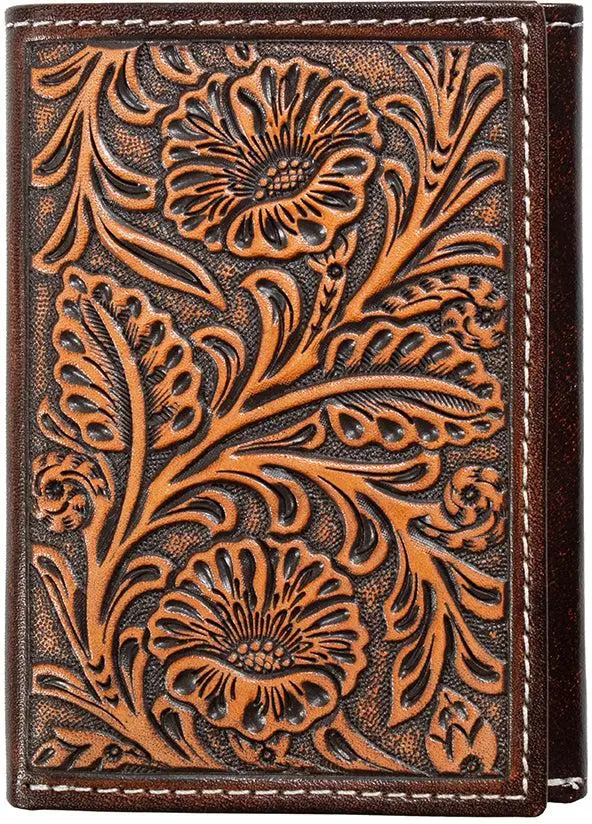 Nocona Brown Floral Embossed Trifold Wallet 1