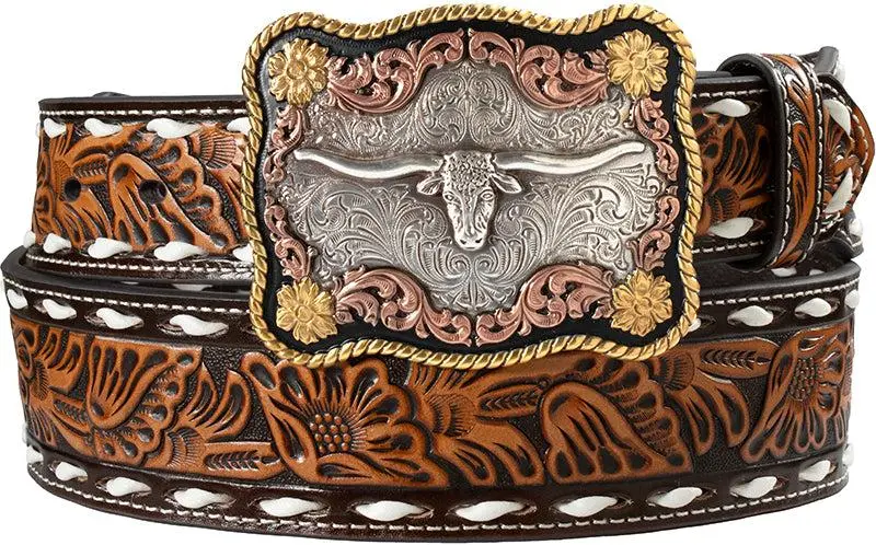 Nocona Brown Floral Tooled Belt With Longhorn Scalloped Buckle 1