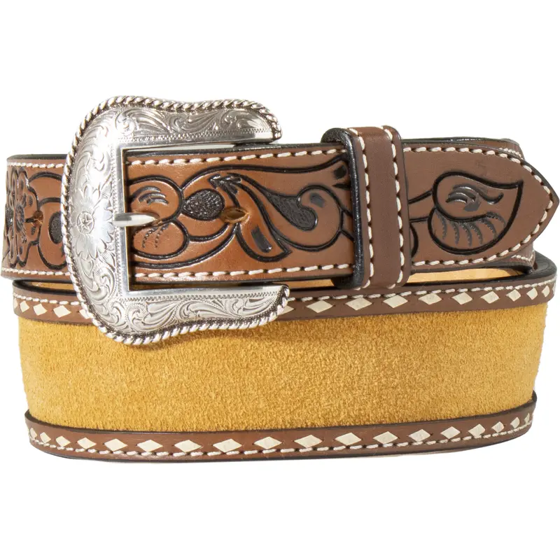 Nocona Brown Roughout Leather Belt With Floral Tabs 1