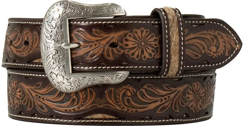 Nocona Calf Hair Underlay With Floral Tooled Overlaid Belt 1