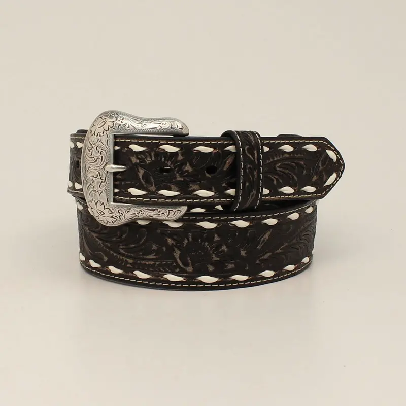 Nocona Distressed Black Leather Belt With White Buckstitch 1