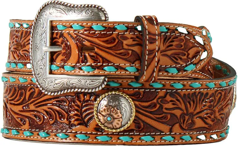 Nocona Floral Tooled With Turquoise Buckstitch Belt 1