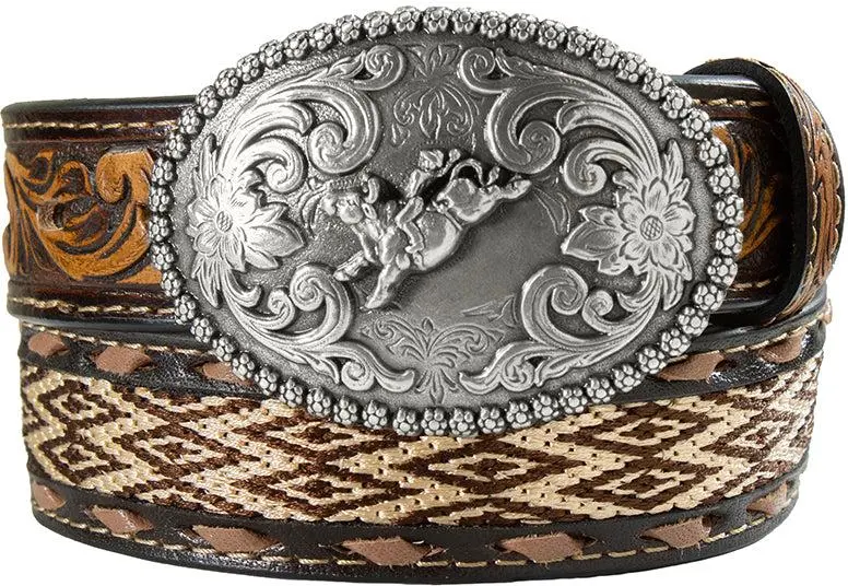 Nocona Kid's Brown And White Diamond Embroidered Inlaid Belt With Trophy Buckle 1