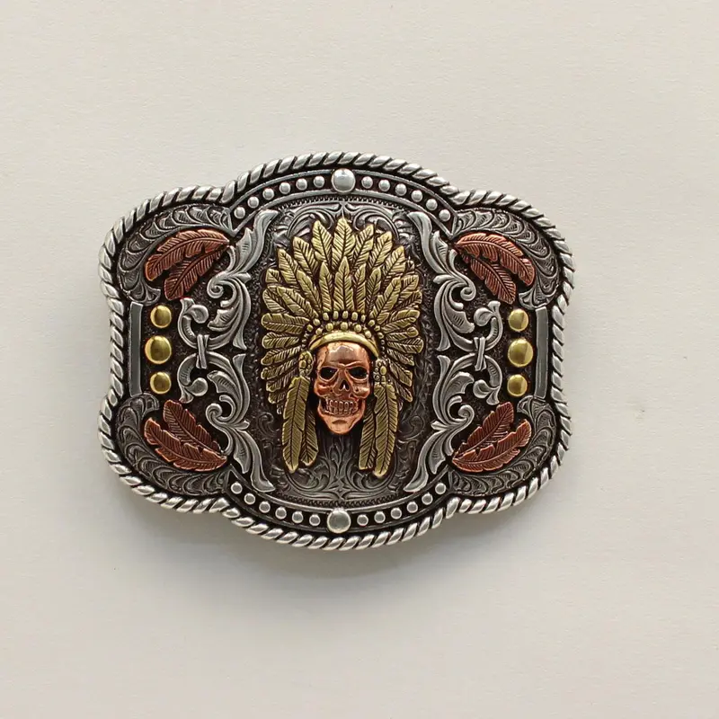 Nocona Rectangle Feather Skull Chief Belt Buckle 1
