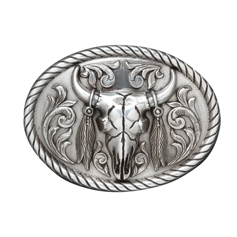 Nocona Rope Edged Skull With Feathers Belt Buckle 1