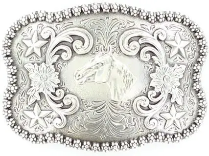 Nocona Silver Rectangle Horse Head Belt Buckle 1