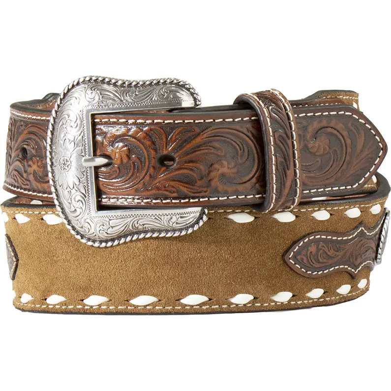Nocona Tan Roughout Leather Belt With Antiqued Conchos 1
