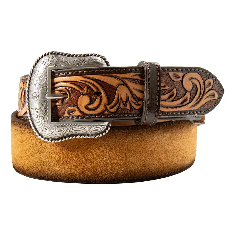 Nocona Tan Roughout Leather Belt With Hand Tooled Billets 1