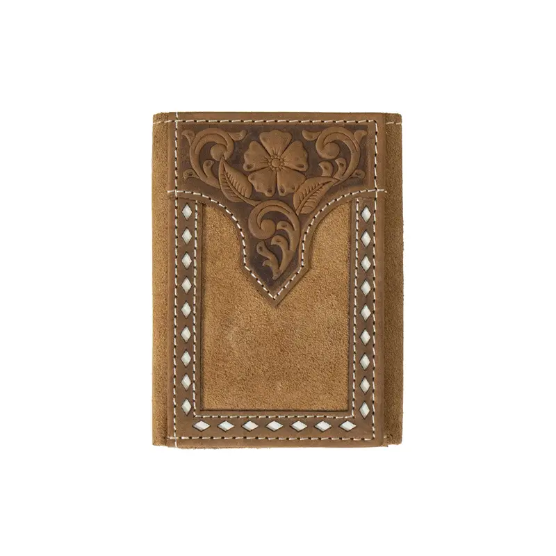 Nocona Tan Roughout Leather White Buckstitched Trifold Wallet 1