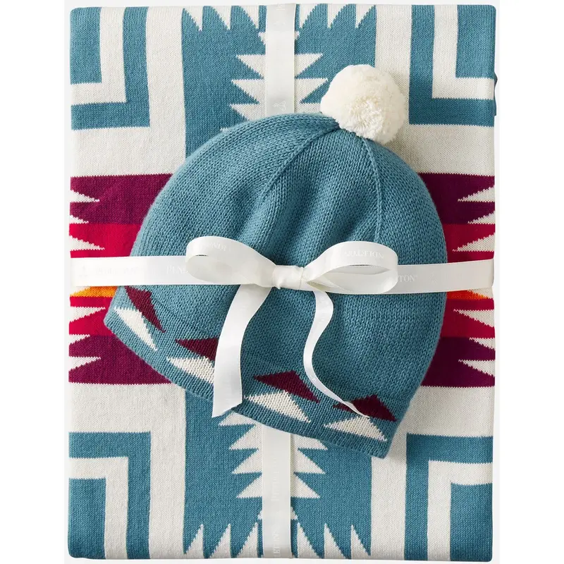 Pendleton Harding Teal Knit Baby Blanket With Beanie 1