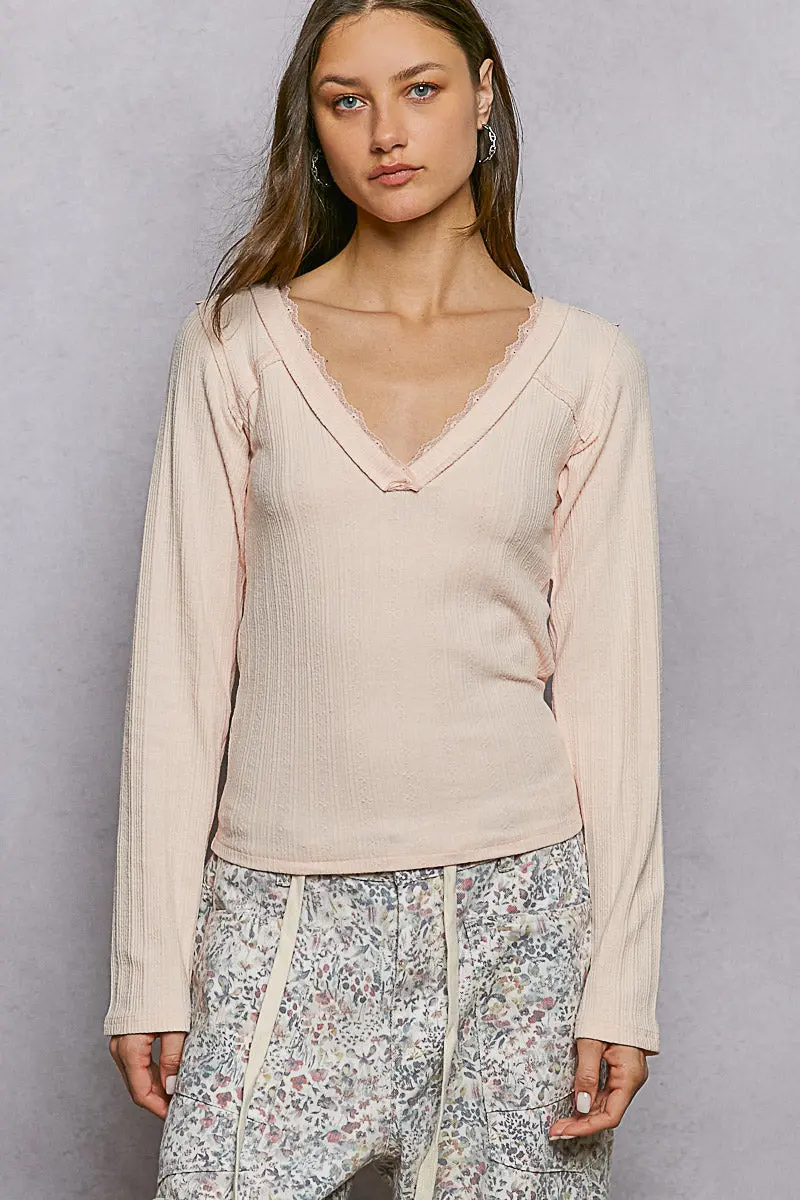 Pol Women's Blush V-Neck Long Sleeve Ribbed Top 1