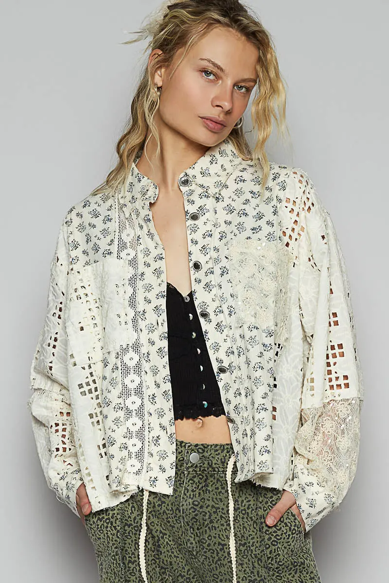 Pol Women's Cream Ballon Sleeve Crochet Shirt 1