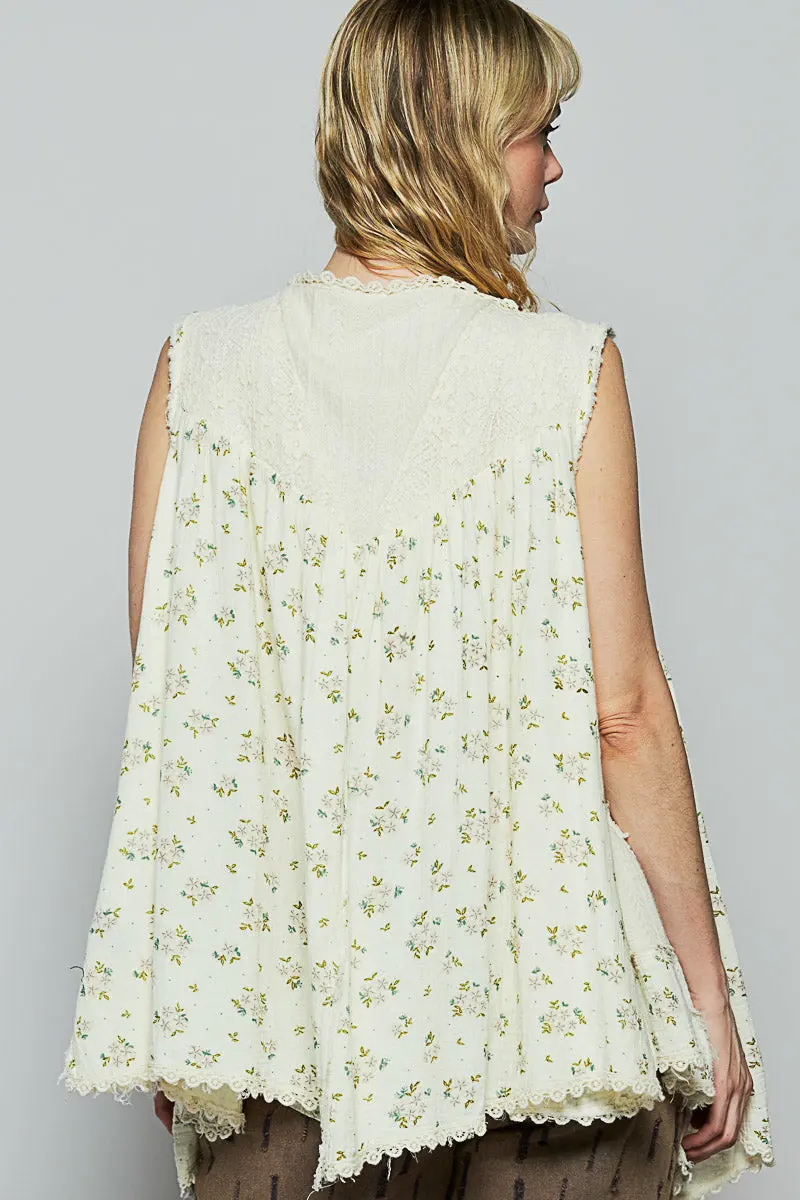 Pol Women's Cream Floral A-Line Open Sleeveless Cardigan 2