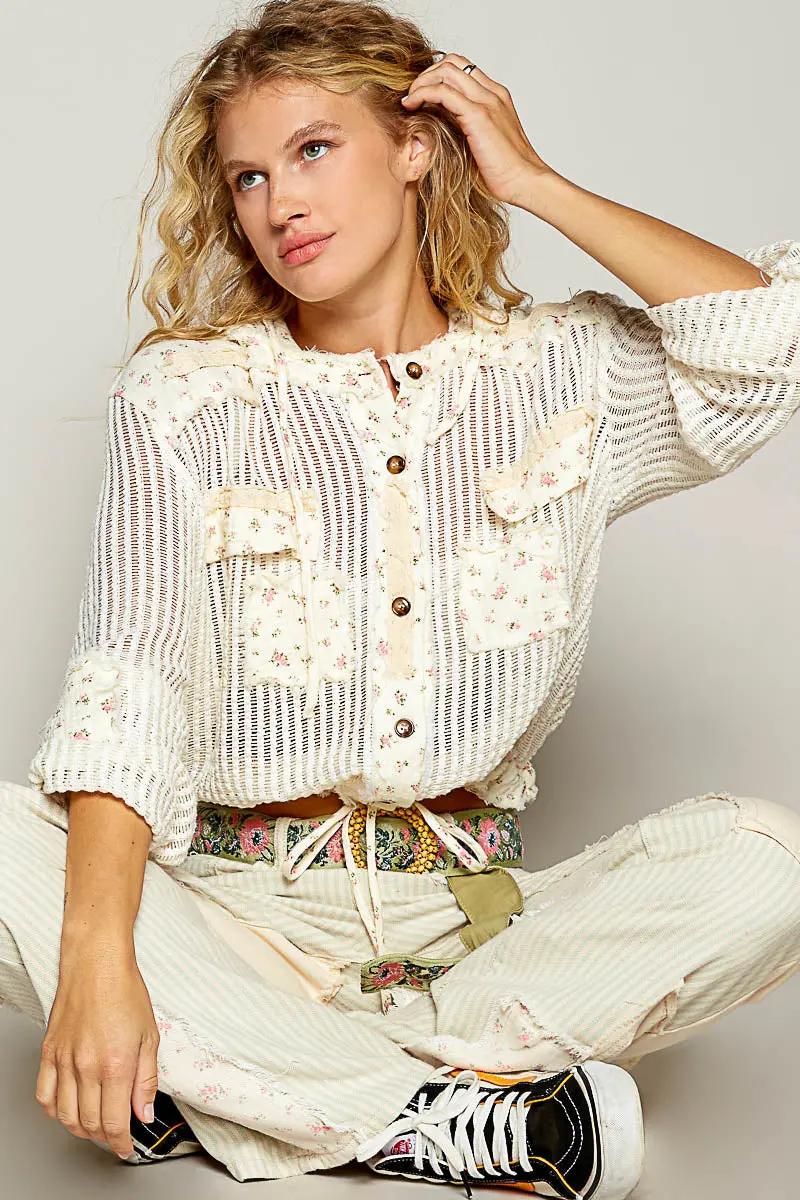 Pol Women's Cream Floral Crochet And Gauze Hoodie Jacket 1