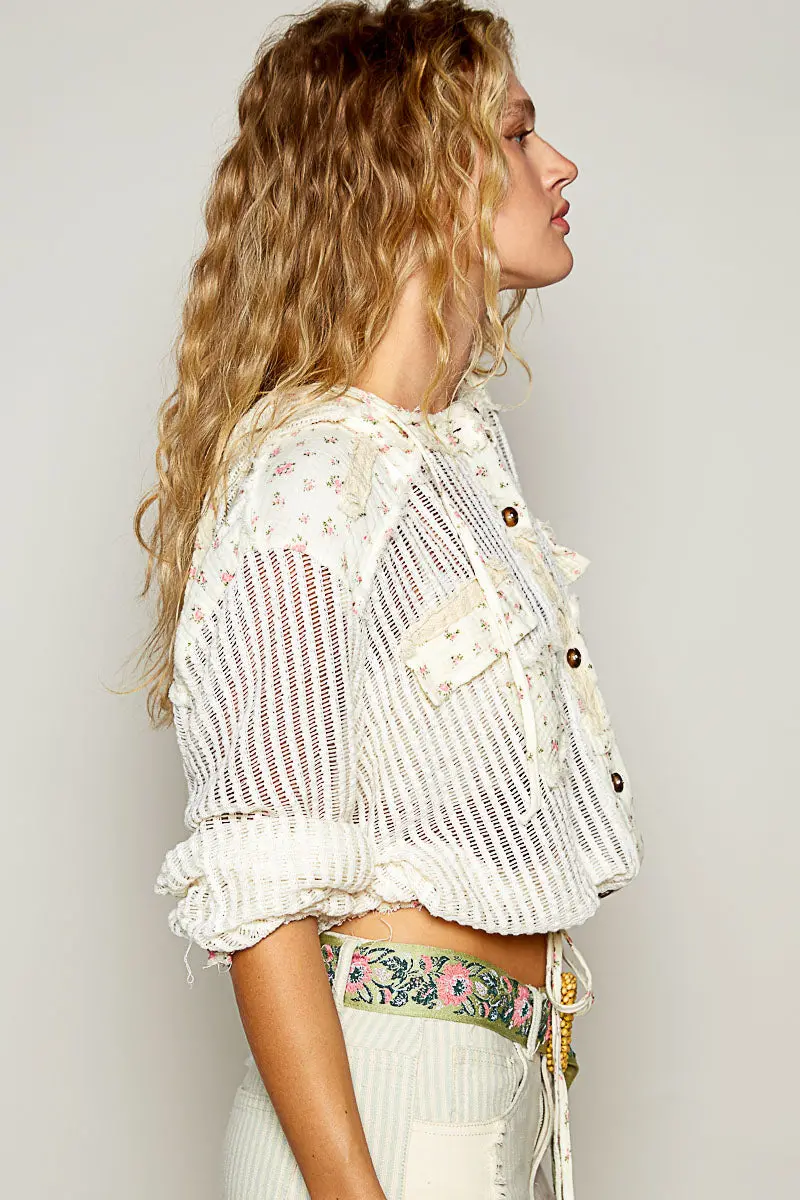 Pol Women's Cream Floral Crochet And Gauze Hoodie Jacket 3