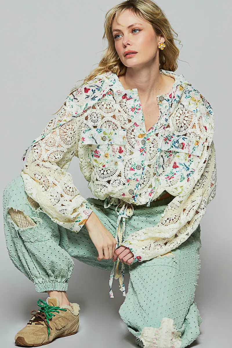 Pol Women's Cream Floral Crocheted Long Sleeve Hoodie 1