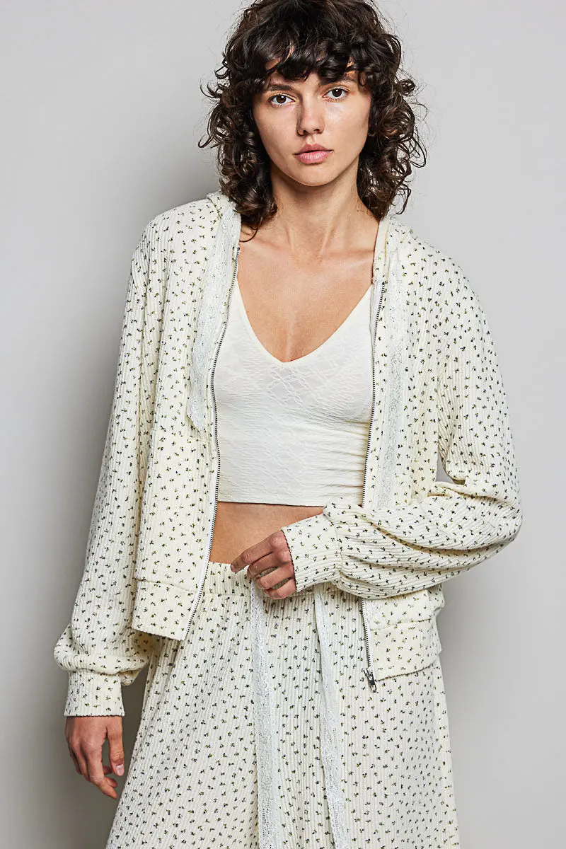Pol Women's Cream Floral Knit Hoodie 1