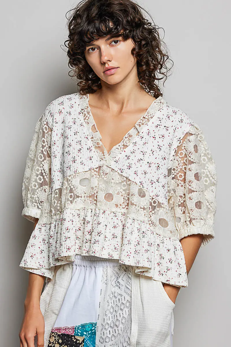 Pol Women's Cream Soft Floral And Lace V-Neck Top 1