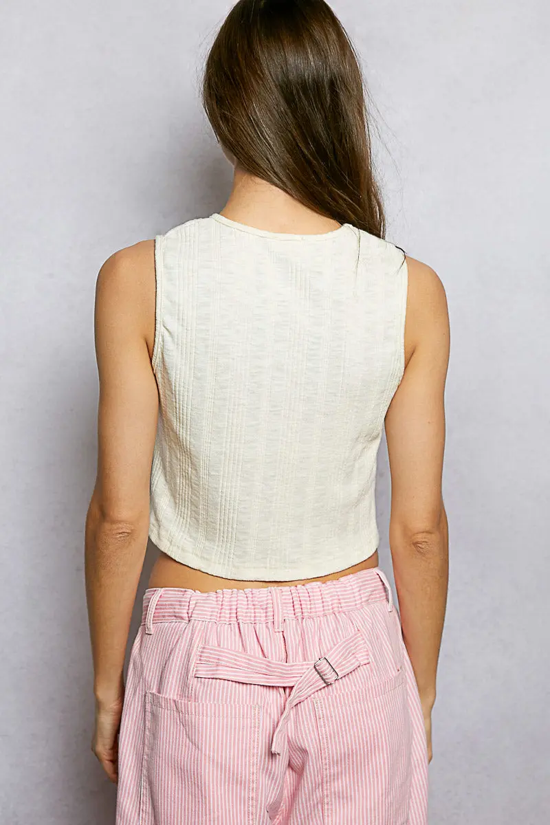 Pol Women's Cream Textured Knit Round Neck Crop Tank 3