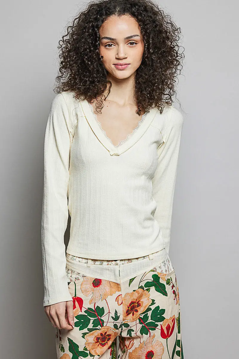 Pol Women's Cream V-Neck Long Sleeve Ribbed Top 1