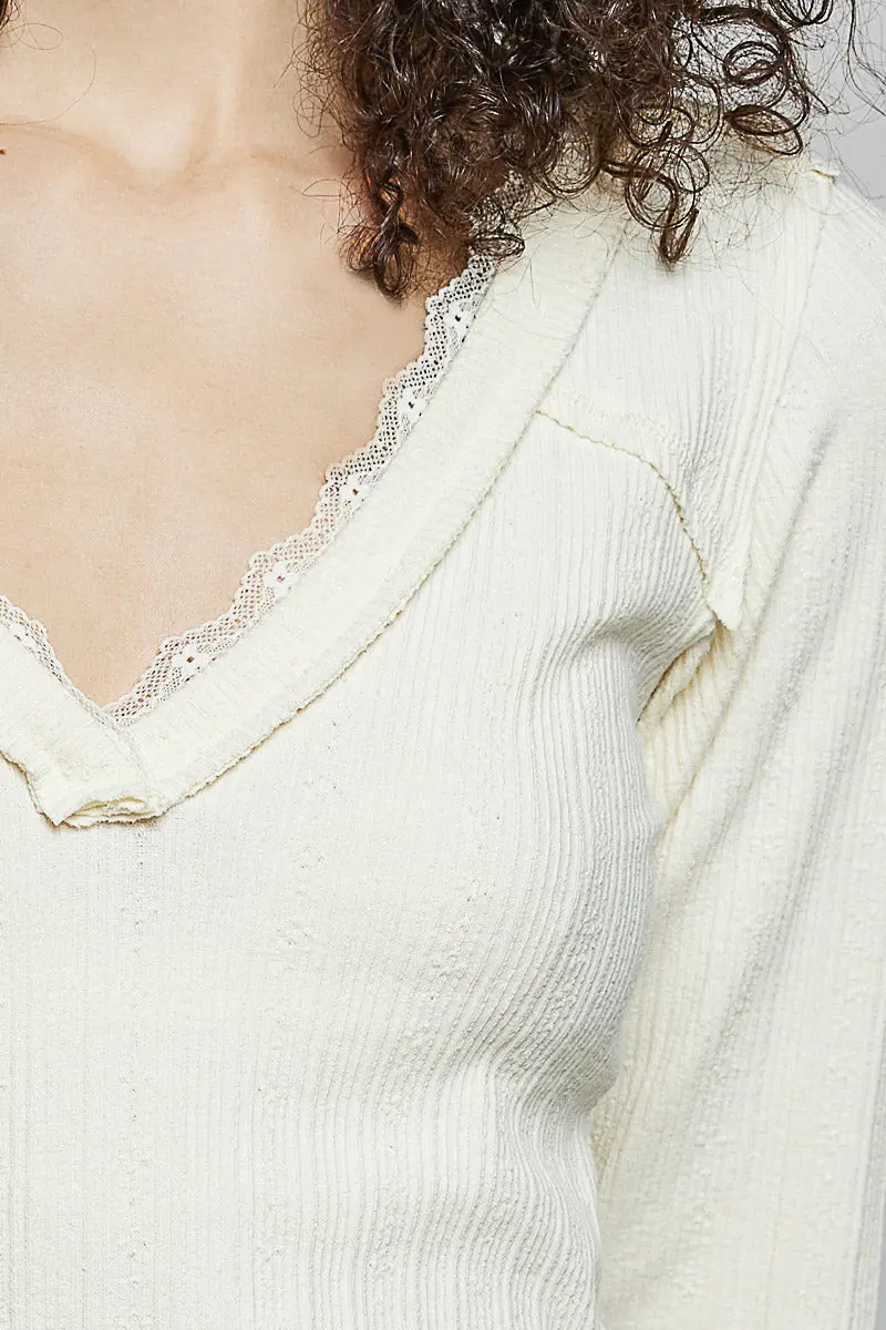 Pol Women's Cream V-Neck Long Sleeve Ribbed Top 3