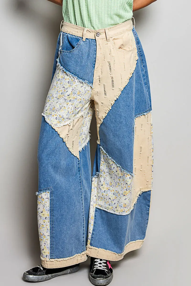 Pol Women's Denim High Rise Twill Patchwork Pants 1