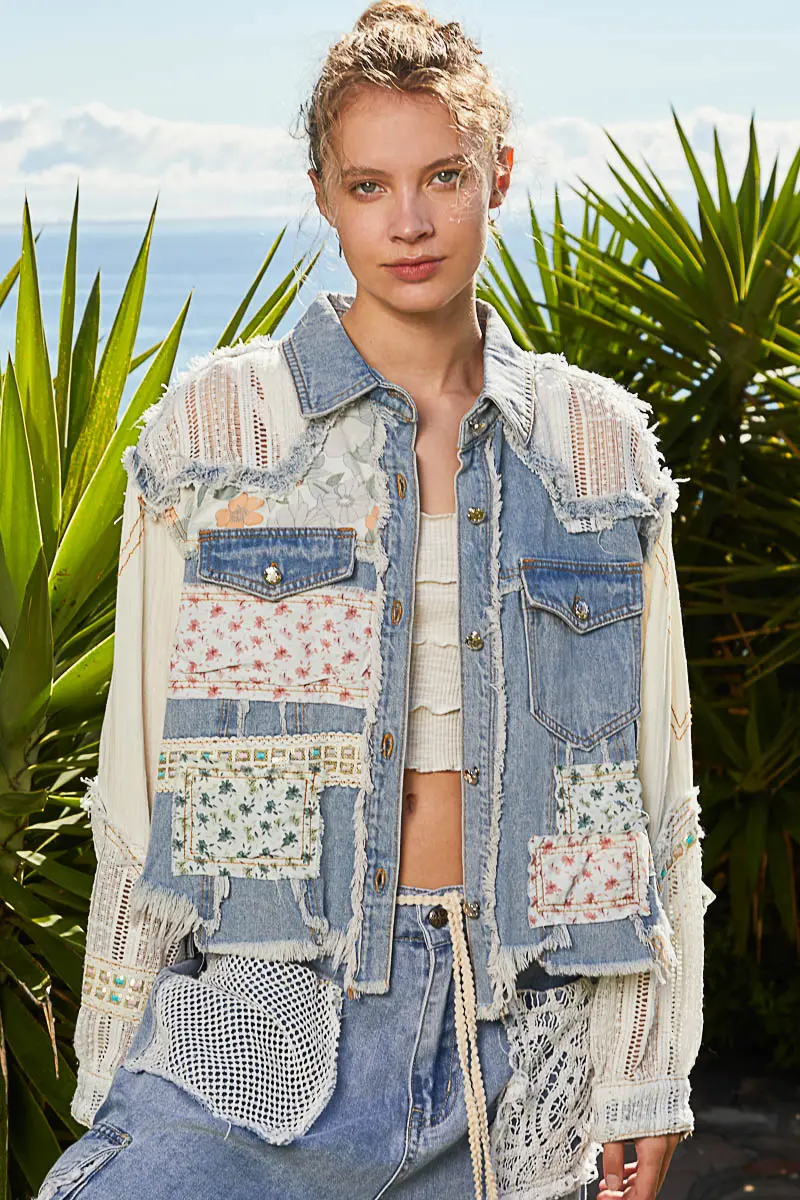 Pol Women's Denim Oversized Patchwork Jacket 1