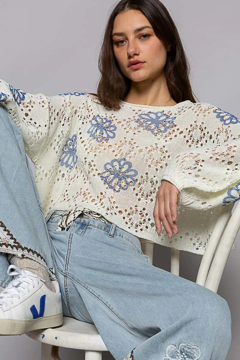 Pol Women's Ivory Flower Print Sweater Top 1