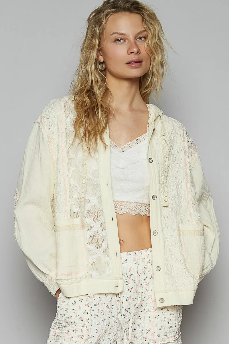 Pol Women's Natural Lace Balloon Sleeve Hoodie Jacket 1