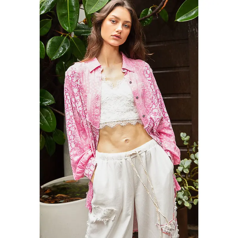 Pol Women's Pink Paisley Oversized Long Sleeve Shirt 1