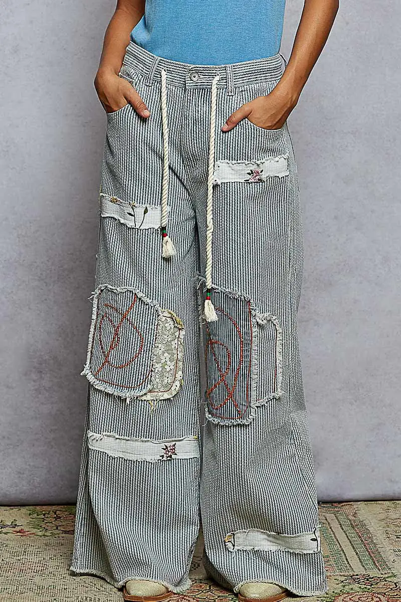 Pol Women's Striped Denim And Patches Pant 1