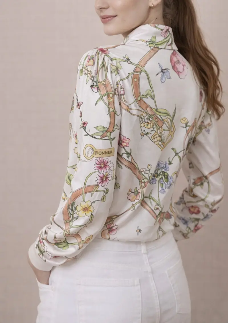 Polo-Shirt Long Sleeve | Herbaria Print | Cream 1
