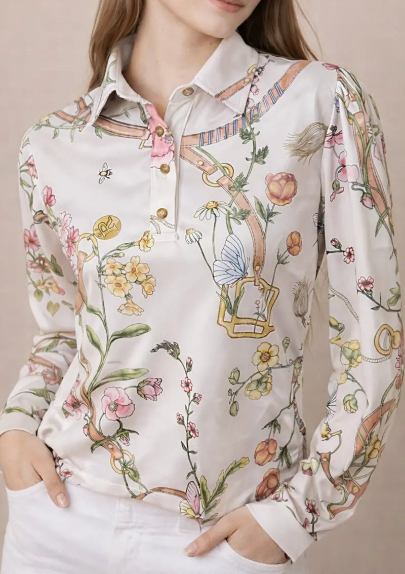 Polo-Shirt Long Sleeve | Herbaria Print | Cream 2