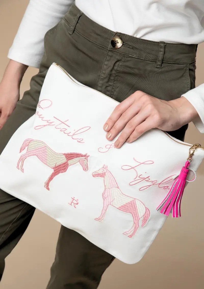 Ponytails Embroidered Pouch | Cream & Pink 1