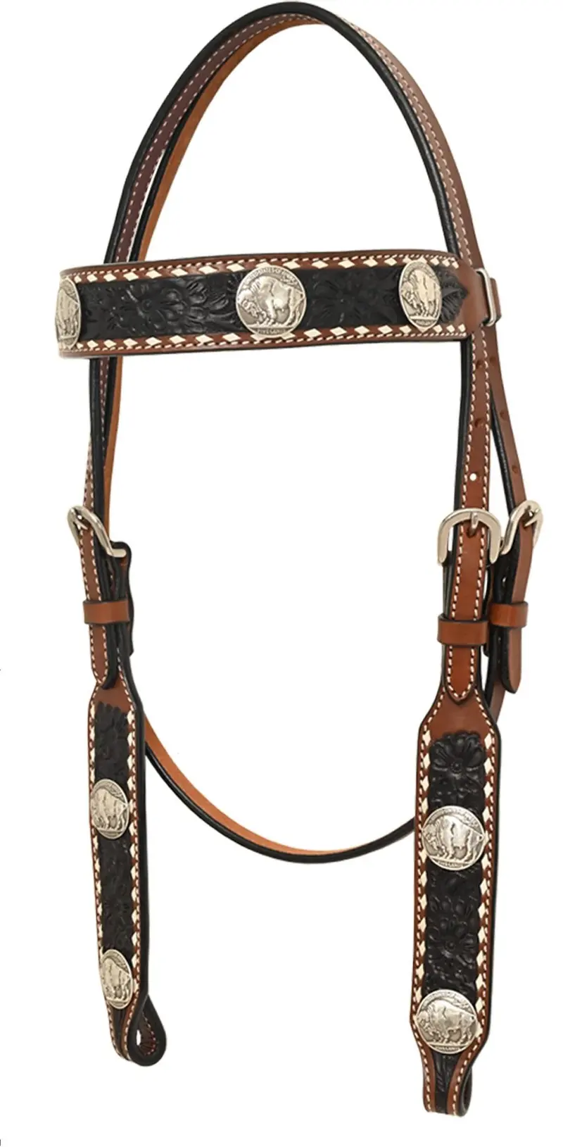 Rafter T Ranch Black Buckstitched Buffalo Nickel Browband Headstall 1