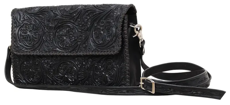 Rafter T Ranch Black Floral Tooled Crossbody Bag 1