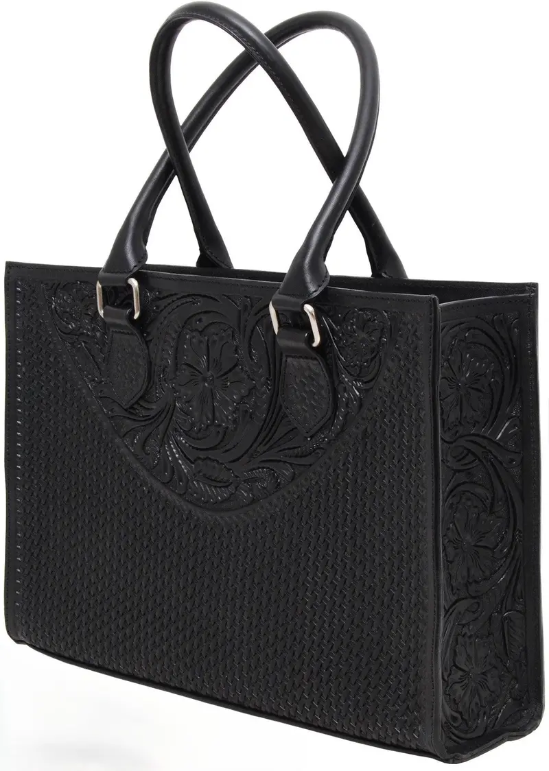 Rafter T Ranch Black Floral Tooled Tote Hand Bag 1