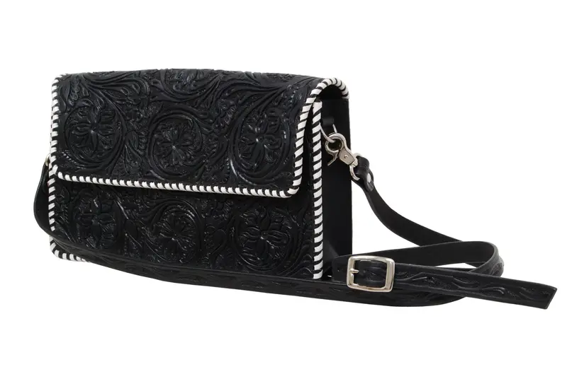 Rafter T Ranch Black Floral Tooled With White Whipstitch Crossbody Bag 1